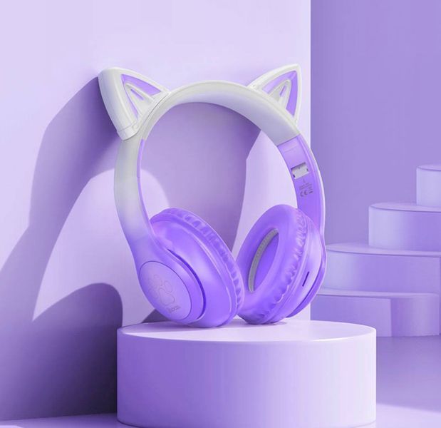 Беспроводные наушники Hoco W42 Cat с кошачьими ушками и LED-подсветкой &mdash; Фиолетовые 1021 фото