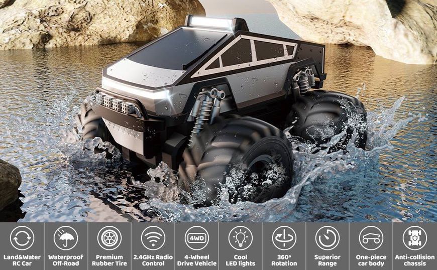Детская радиоуправляемая машинка Cybertruck 4WD &mdash; водонепроницаемая амфибия для трюков на воде и суше 1041 фото